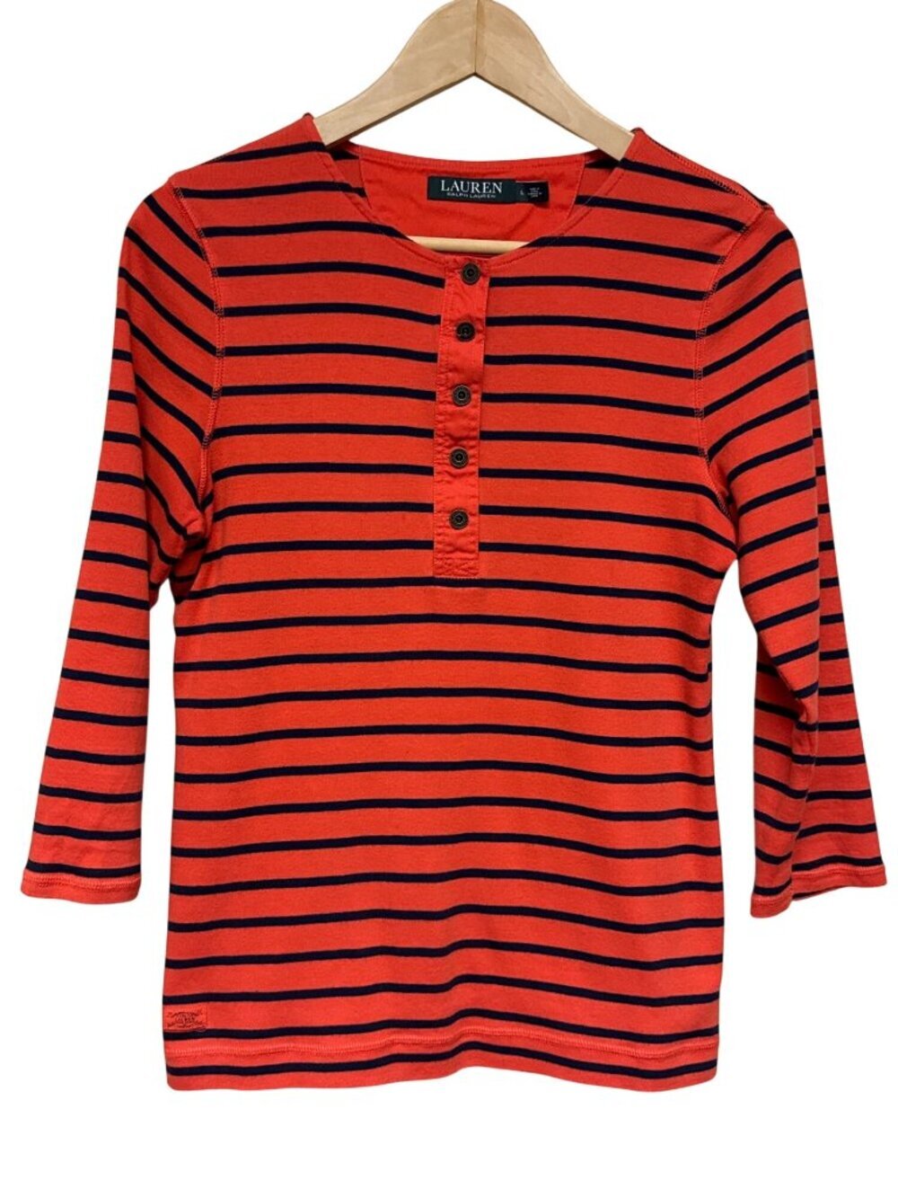 Lauren Ralph Lauren Women's Top Red Stripe Button Henley Large 3/4 Sleeve Office